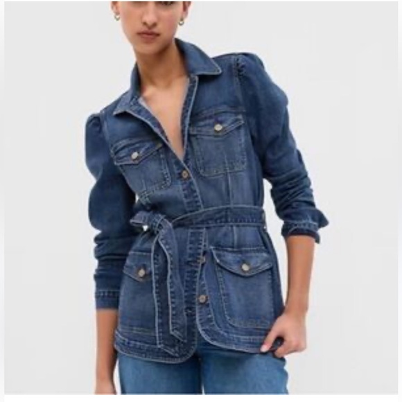 Like New  GAP Puff Sleeve Denim Belted Jacket Size Large - Picture 2 of 10